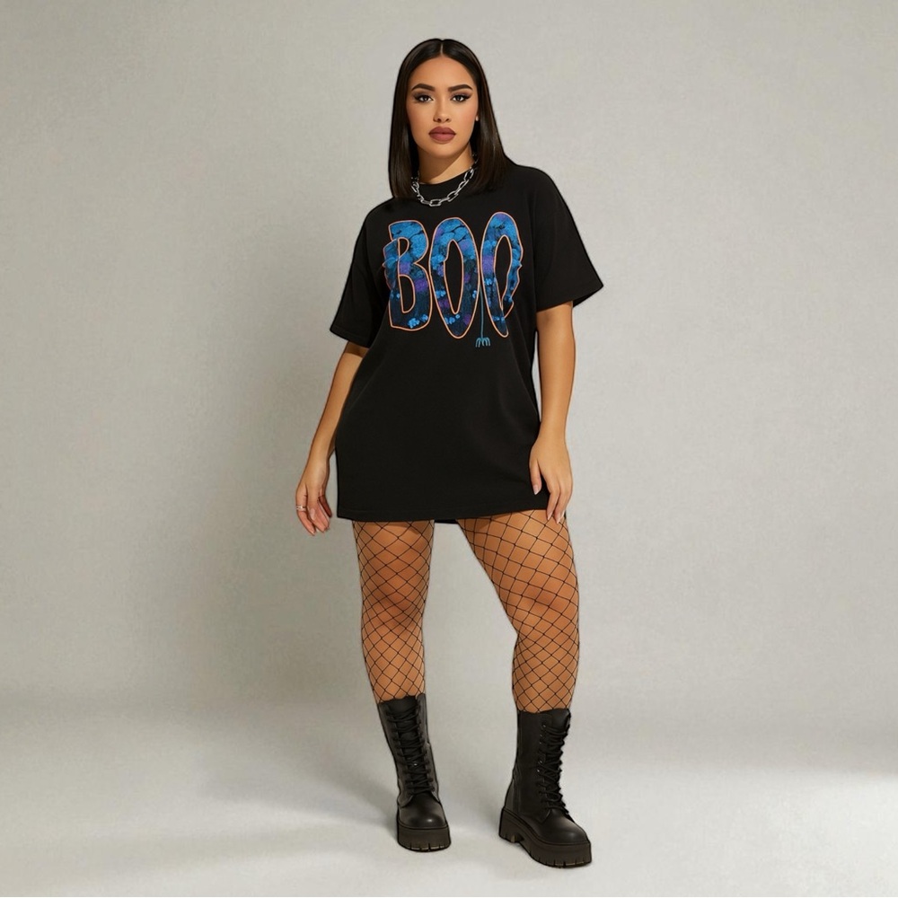 Club Bed Women’s One Size Boo Halloween Oversized Tee Shirt Dress Black Goth